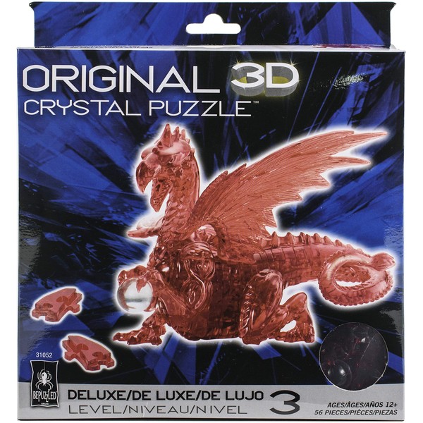 Bepuzzled Deluxe 3D Crystal Jigsaw Puzzle - Red Dragon DIY Assembly Brain Teaser, Fun Model Toy Gift Decoration for Adults & Kids Age 12 & Up, 56Piece (Level 3)