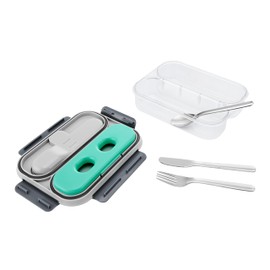 BUILT 40oz Gourmet Tritan and Plastic 2 Compartment Bento, Airtight Leak-resistant and Reusable, with Stainless Steel Cutlery and Ice Pack for Home Travel, Concrete Gray