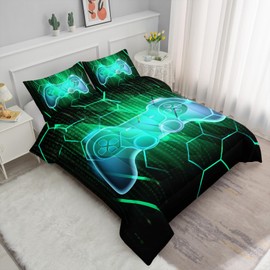 Axolotl Gamepad Comforter Set Queen Size,Number Video Gaming Gamer Bedding Set,Boys Game Console Comforter Set,Geometry Hexagonal Bedding Set for Teens Men Adults,1 Quilt 2 Pillowcases,Green Black
