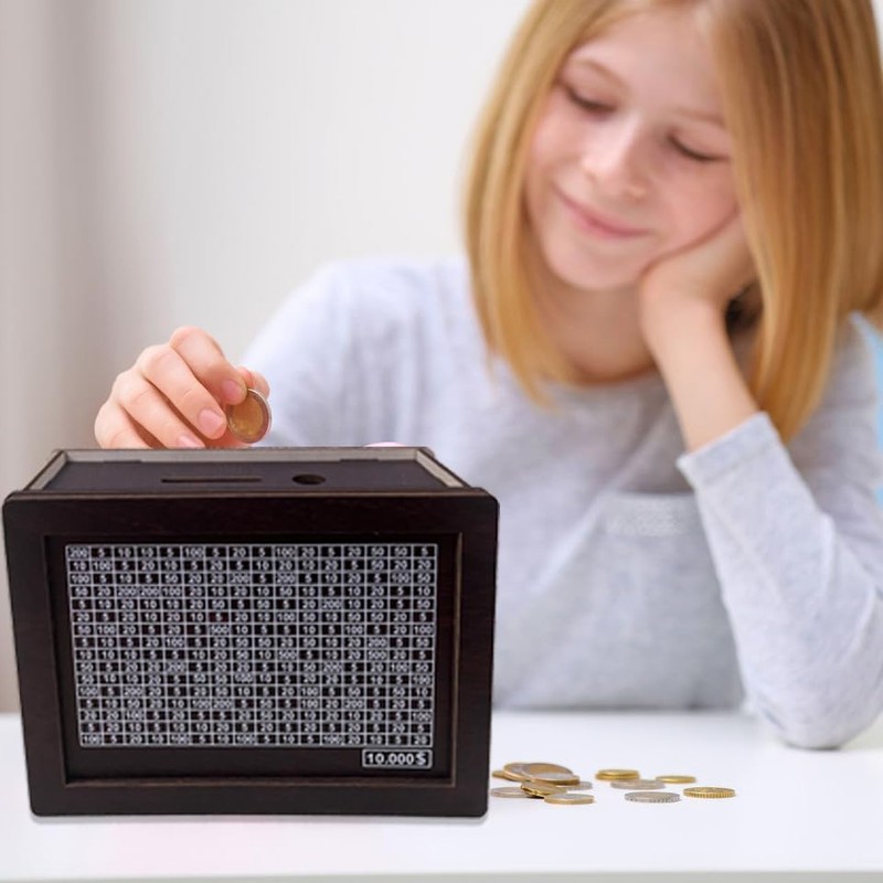 Cash Vault Wooden Savings Challenge Box with Counting Target, Reusable