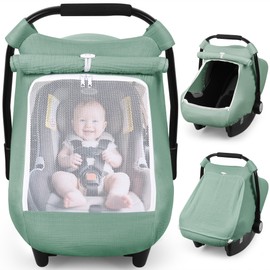 Rquite Car Seat Cover Baby, Carseat Covers Girl Boy, Breathable Muslin Cotton, Large Mesh Window, Infant Car Seat Canopy Baby Carrier Cover Stroller Sun Shade for Summer & Hot Day, Green
