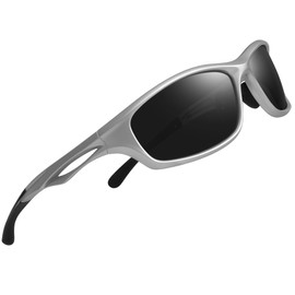 Joopin Sports Sunglasses Men Women Wrap Around Rectangle Sun Glasses Polarized UV400 Safety Shades (Silver Black)