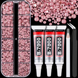 Resin Rhinestones for Crafting with B7000 Jewelry Glue, 1 Box Dark Pink Flatback Crystals with 3Pcs 10ml Glue for Bedazzling Crafts DIY Nail Art Makeup，Non Hotfix Gems for Clothing Shoes