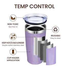 MEWAY - Vaso de 20 oz, 2 unidades, de doble pared, con aislamiento al vacío, de viaje, con purpurina, a granel, vasos de acero inoxidable con tapa y pajita, tazas de café recubiertas de polvo (Rainbow Purple, juego de 2)