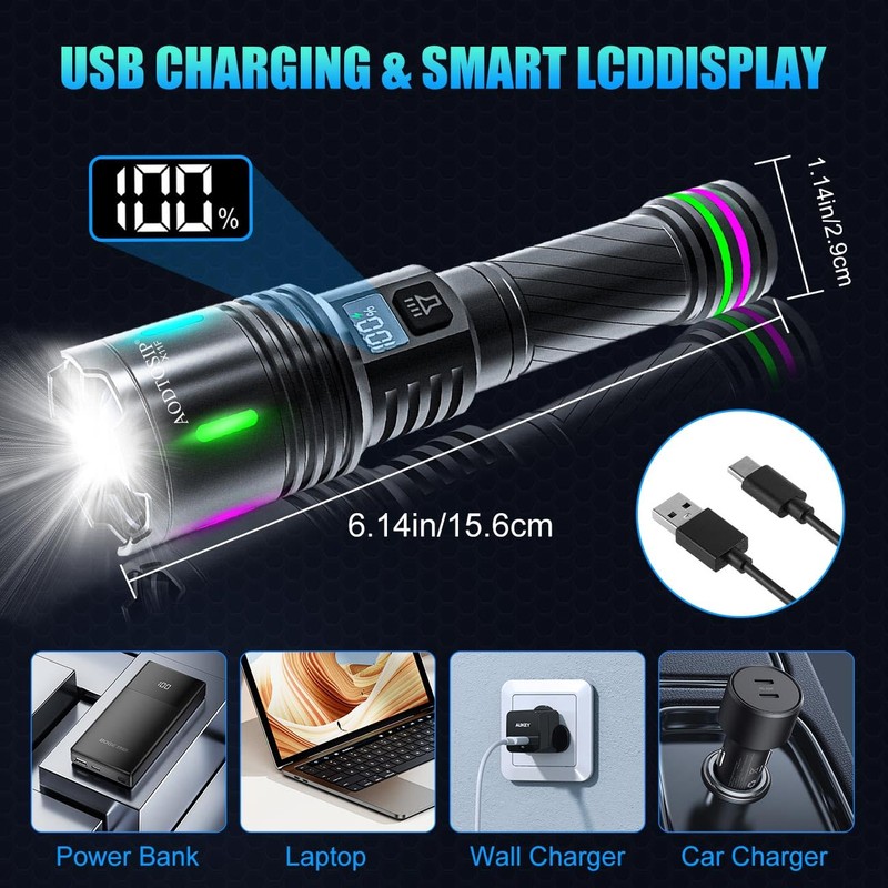 2 Pack Flashlights High Lumens Rechargeable, 100,000LM Super Bright Flash