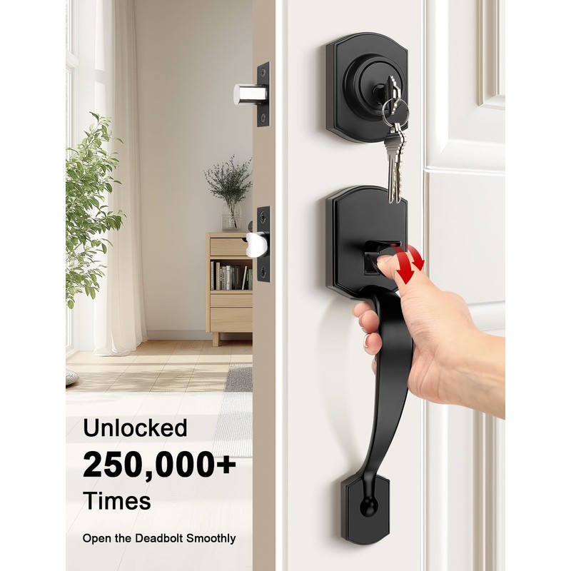 Tinewa Camelot Black Front Door Handle and Deadbolt Set, Front