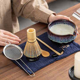 Myrthra 8PCS Matcha Whisk Set, Matcha Bowl with Spout, Bamboo Whisk, Bamboo Scoop, Ceramic Holder and Stainless Sifter for Tea Matcha Lover (Blue&Purple)