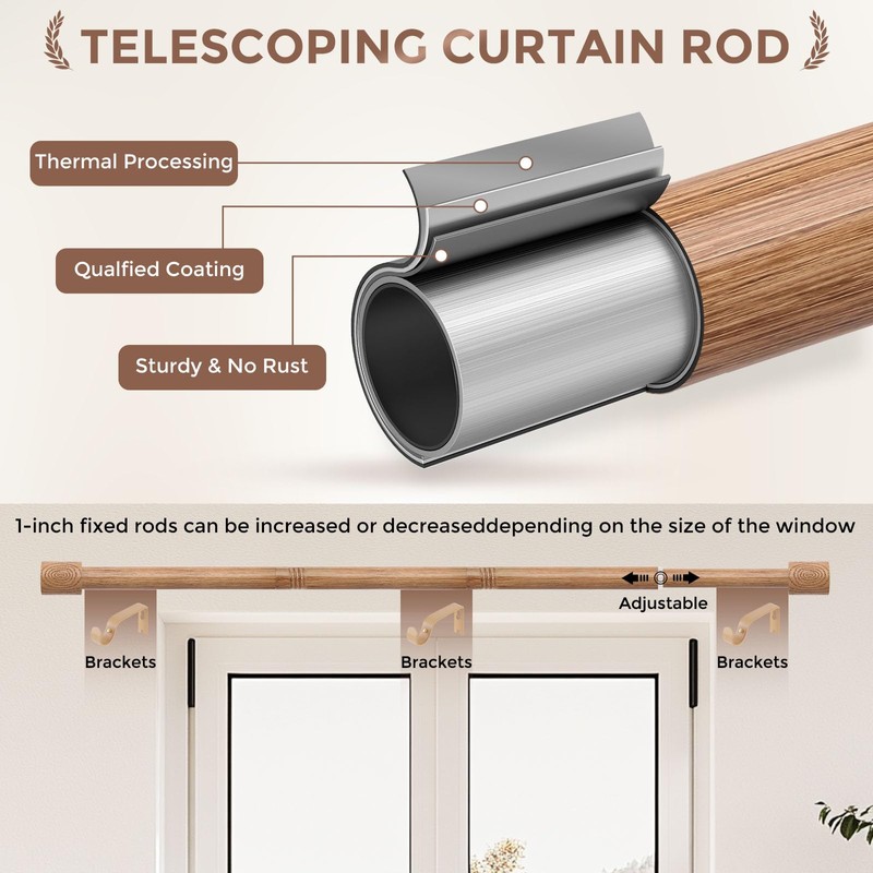 JRZOO Wood Curtain Rods, 1'' Decorative Adjustable Rustic Farmhouse Drapery