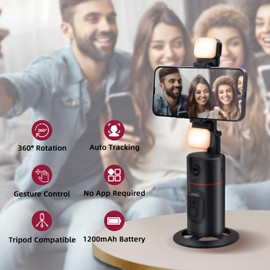 Mcbazel Auto Face Tracking Stativ mit Licht 360 Rotation Auto Tracking Handyhalterung ohne App, AI-Gestensteuerung, abnehmbare Fernbedienung für Vlog Live Stream/Videoaufnahmen - Schwarz
