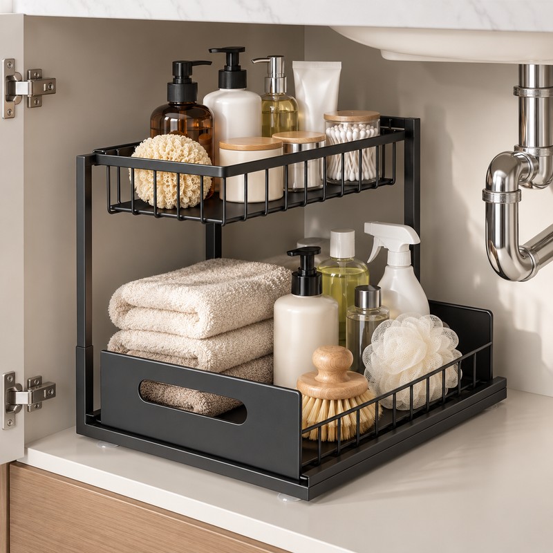 2-Tier Under Sink Organizer for Cabinet Storage – Sliding Metal