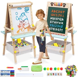 Kids Easel with Paper Roll Double-Sided Whiteboard & Chalkboard Wooden Art Easel Height Adjustable Standing Easel with Bead Numbers Alphabet Animal Accessories for Toddlers Boys Girls