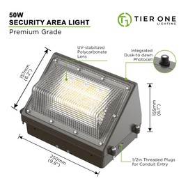 TIERONE 50W LED Wall Pack Light Dusk to Dawn Photocell Outdoor Commercial Security Area Lighting Fixture UL Listed 5500LM 4000K Daylight 400W HPS/HID Equivalent IP65 Waterproof 120-277V 1PACK