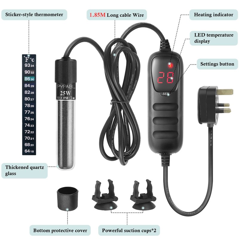 PYPABL Submersible Fish Tank Heater, 25W 50W 100W Small Aquarium