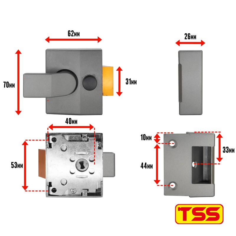 TSS Modern Non-Deadlocking Nightlatch, 40mm Backset, Complete with Rim Cylinder