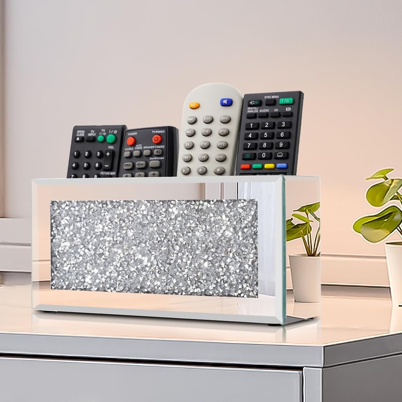 Pibeyer Mirrored Remote Control Holder Wall Mount, Silver Crush Diamond