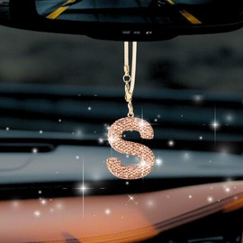 MOTOFITOOL Bling Car Accessories for Women Letter Charm, Rainbow Crystal Rearview Mirror Pendant, Cute Diamond Rhinestone Car Decor, Lucky Gift for Women(S, Champagne Gold)