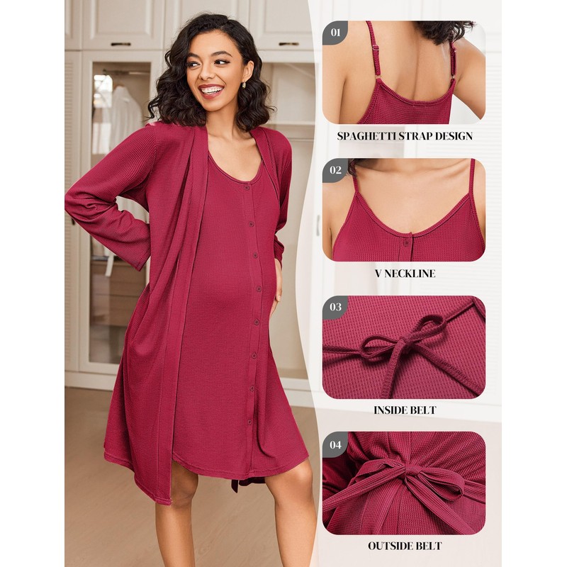 Ekouaer Maternity Nursing Gown and Robe Set 2 Piece Waffle
