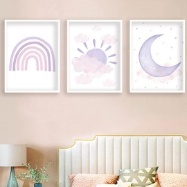 BIKCZEWIN 3PCS Rainbow Room Decor for Girls Bedroom, Pretty Pastel Colors Rainbow Clouds Sun Canvas Painting Nursery Wall Art for School Playroom (8x10 Inch Unframed)