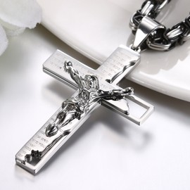JewelryWe Jesus Bible Cross Crucifix Pendant for Men's Necklaces with 25.59 Inch Chain(Silver Color)