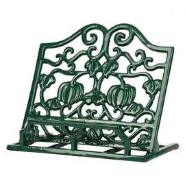 Vintage Cookbook Stand, Durable Wrought Cast Iron Recipe Book Holder for Kitchen Counter, Large Metal Cook Book Stand with Pumpkin Design, Green