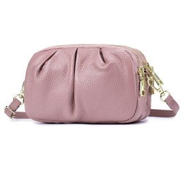 HISKFUN Small Crossbody Bag for Women Trendy，Genuine Leather Crossbody Cell Phone Purse with Triple Compartments., Pink