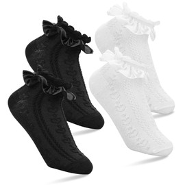 WLLHYF 2 Pairs Women Crew Socks, Lace Ruffle Frilly Ankle Dress Socks Soft Cotton Cute White Princess Lace Socks for Women Girl Ladies