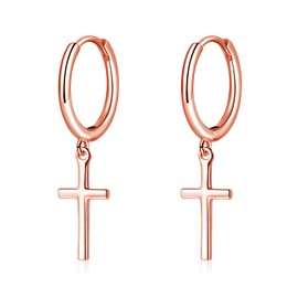 Cangall Silver Hoop Earrings for Women, 925 Sterling Silver Cross Drop Hoop Earrings, Simple Cartilage Rose Gold Dangle Earrings, Sleeper Dangle Hoop Earrings Rose Gold with Cross Charm for Girls