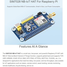 SIM7028 NB-IoT HAT for Raspberry Pi 5/4B/3B+/2B/Zero/Zero 2W and Jetson Nano,Onboard 40PIN GPIO Header, Supports Global Band NB-IoT Communication with GSM Antenna Type-C Interface
