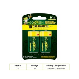 GoGreen Power (24004) Eco Friendly Alkaline D Batteries - No Lead, Cadmium or Mercury - Pack of 2