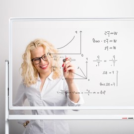 Mobile Clear Glass Whiteboard, 48 x 32 Inches Standing White Board on Wheels, Large Rolling Dry Erase Board with Stand, Transparent Tempered Glass Board for Office Home School, with Chart Paper