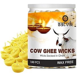 SATVIK 150 Pc Pure Cow Ghee Wicks for Puja (Upto 30 Mins ) Pooja Home and Mandir. Nitya Pujan Readymade Ghee Jyot Jyoti Pujan Indian Housewarming Return Gift Items Accessories. Diwali Cotton wicks