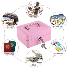MOUMOUTEN Mini Safe Safe for Home, Portable Lockable Cash Steel with Coin Safe, Security Box with 2 Keys, Fireproof, Waterproof (Pink)