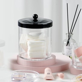Premium Quality Plastic Apothecary Jars - Qtip Holder Bathroom Vanity Countertop Storage Organizer Canister Clear Acrylic for Cotton Swabs,Rounds, Balls,Makeup Sponges,Bath Salts / 2 Pack (Black)