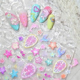 5D Embossed Beach Nail Stickers Self-Adhesive Summer Nail Art Stickers Colorful Mermaid Shell Starfish Flowers Designs Ocean Nail Art Supplies Cute Nail Decals for Women Girls Acrylic Nail Salon DIY