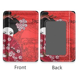 Japanese Woman Girl Hairstyle Cherry Blossoms Mount Fuji Red Style Slim Minimalist Wallet, Front Pocket RFID Blocking Leather Credit Card Holder, Case Protector Covers for Men Women