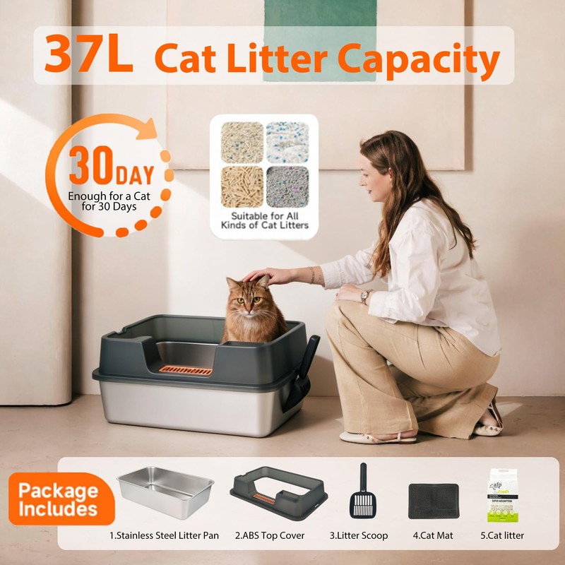 PAWISE Stainless Steel Cat Litter Box System Set, 23.6"x15.7"x8.7" Large