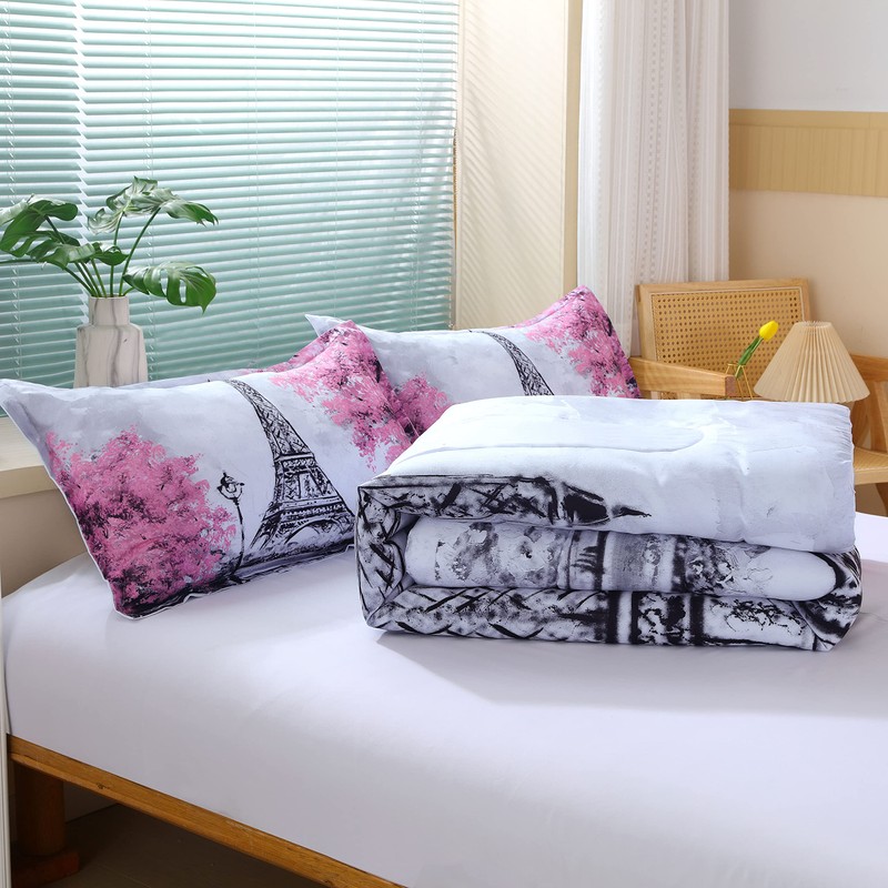 Suncloris Paris Style Comforter Set for Girls Teens, Queen Size