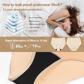 BATTEWA Incontinence Underwear for Women Washable, Leak Proof Underwear High Absorbency, Bladder Leak Underwear Protective Briefs, Seamless Panties 50ml, Beige, X-Large（3 Pack