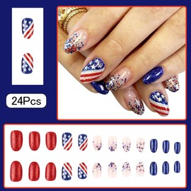 4th of July Nails - Fourth of July Nails Short Press On Nails Almond Fake Nails with American Flag Glitter Sequins Design, Acrylic Artificial False Nails Press Ons Stick On Nails for Women