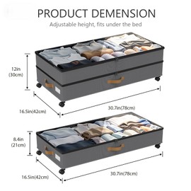 Under Bed Storage with Wheels 2-Pack, 75L XXL Under the Bed Storage Containers Large, 12" Tall Adjustable Storage for Underbed with Lids, Rolling for Clothes, Shoes, Blankets (Grey)