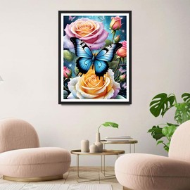 QINRUBB 5D DIY Butterfly Diamond Painting Kits,Round Full Drill Rose Flowers Diamond Art Painting Kits for Adults Beginners, DIY Painting by Numbers Diamond Art Kits for Home Fashion Decor 30x40cm