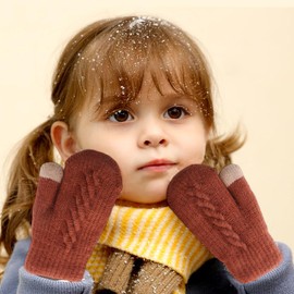 AIDIER Children's Winter Warm Mittens 2-5 Years Boys Girls Fleece Warm Mittens Toddler Hang Neck Mittens Toddler Knitted Gloves Thick Fleece Lining Knitted Gloves, Light Khaki