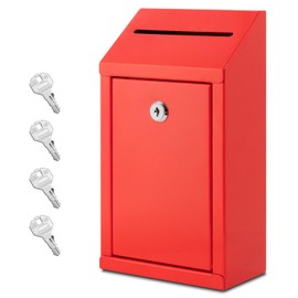 EIENHOSHI Metal Donation Box with Lock, Wall Mounted, Suggestion Box with 4 Iron Keys, Red, Cash Drop Box with Slot, 1-Pack