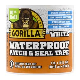 Gorilla Waterproof Patch & Seal Tape, White Tape, 4" x 10' (Pack of 1) - Permanent Weather Resistant Seal for Leaks and Repairs