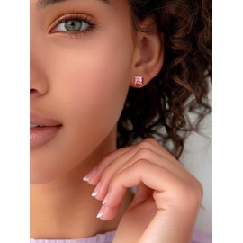 Silvora S925 Silver Birthstone Stud Earrings - 6mm Wide Princess Cut October Pink Crystal Stud Earrings for Women