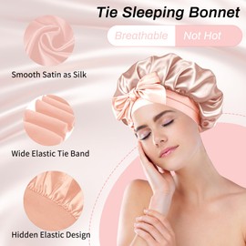 Satin Bonnet, Sleeping Silk Bonnet for Most Hair Types, Silk Bonnet with Elastic Band, Adjustable Satin Night Sleeping Cap for Sleeping, Skin Care, Cleaning, Makeup, etc (Pink)