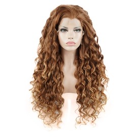 Lushy Kinky Curly Long Auburn Root Honey Blonde Ombre Wig Heavy Density Heat Resistant Synthetic Lace Front Wig