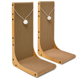 Markarbarka 2-Pack Cardboard Cat Scratcher, L-Shaped Vertical Cat Scratch Pad (23.6” Tall) with Hanging Fuzzy Toy Balls, Wall-Mountable Cat Scratchers for Indoor Cats, Furniture Protector