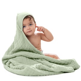 Comfy Cubs Hooded Baby Towel 1-Pack, Large 32 x 32 Inch - 6 Layer 100% Muslin Cotton for Babies, Toddlers and Kids - Soft & Absorbent Baby Bath Towels - Unisex Design for Bath Time - Sage