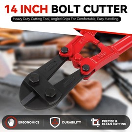 14" Bolt Cutter Tool with 1/4" Jaw Opening Tubular Steel Handle Angled Grips and Durable Painted Finish, Red